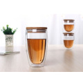 insulated double wall glass cup with wooden lid